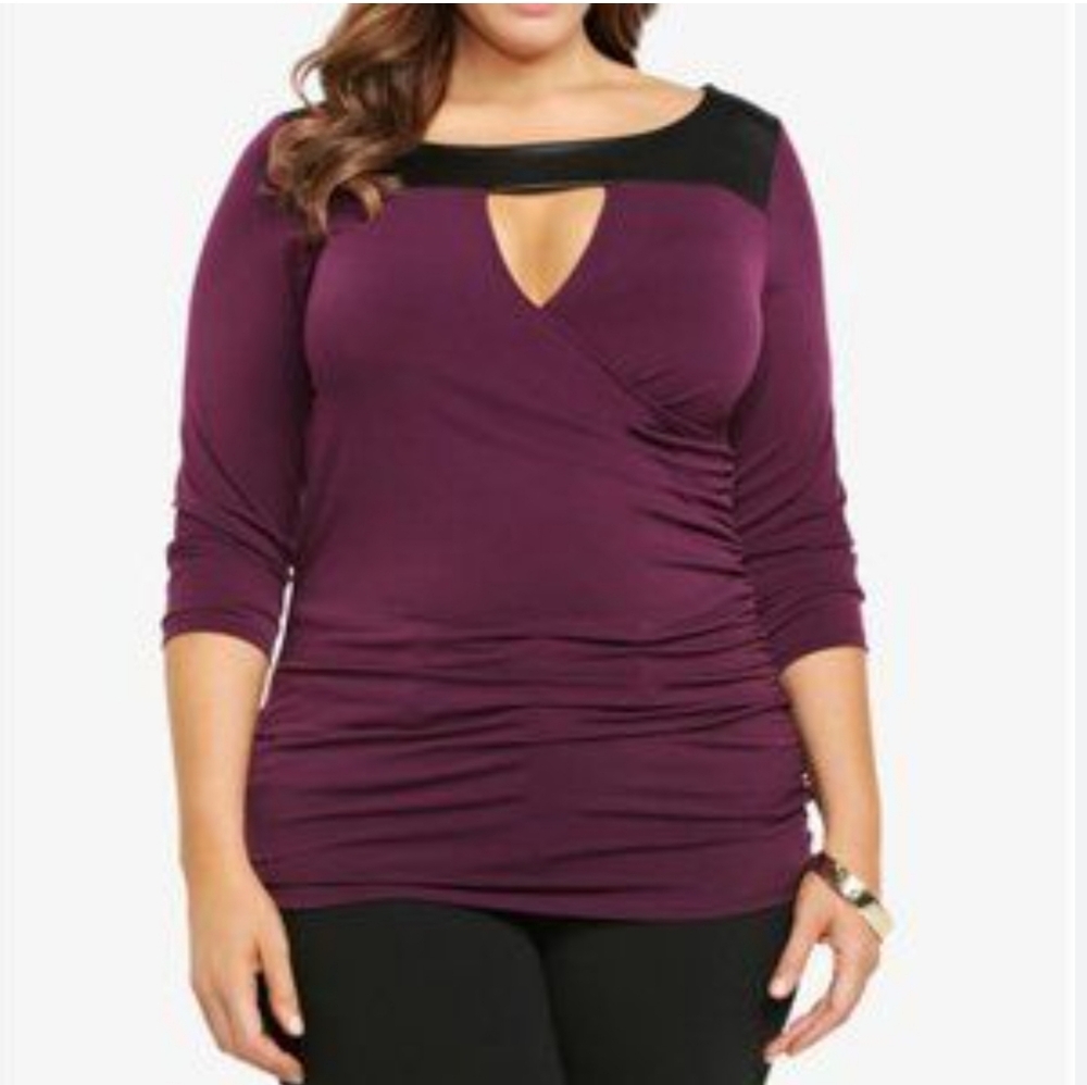 Torrid Tunic Top Purple and Black Faux Leather Trim Plus 1X